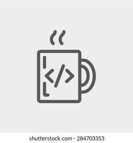 Mug with hot coffee icon thin line for web and mobile, modern minimalistic flat design. Vector dark grey icon on light grey background.