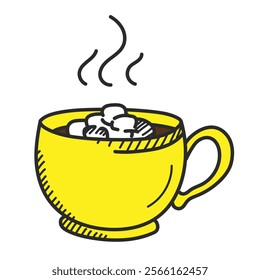 Mug of a hot coffee with marshmallow doodle icon vector isolated. Hot chocolate, delicious cocoa. Winter holiday drink.