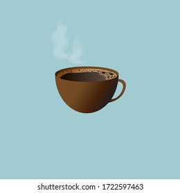 Mug with hot coffee on a blue background. The view from the side.