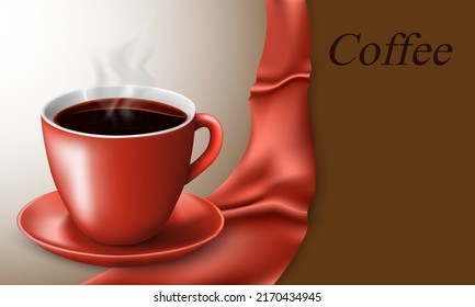 Mug of hot coffee on a brown background with a red ribbon. Vector illustration.