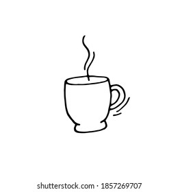 A mug with hot coffee, tea. Vector doodle illustration, hand drawn. Black and white outline