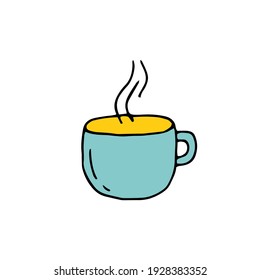 A mug with hot coffee, tea. Vector doodle illustration, hand drawn.