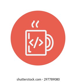 Mug with hot coffee thin line icon for web and mobile minimalistic flat design. Vector white icon inside the red circle.