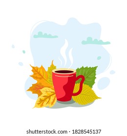 Mug with hot drink and autumn leaves. Cozy autunm concept. Flat style design. Vector illustration.