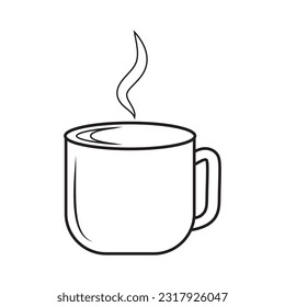 Mug with hot drink, black outline, line, vector illustration in doodle style