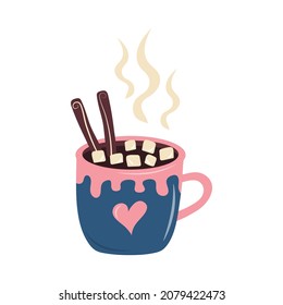 Mug of hot drink with cinnamon and marshmallows. Cozy cup with a heart and steam.