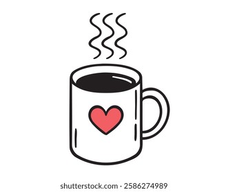 Mug of hot drink with cute doodle heart isolated hand drawn icon. Outline drawing cup with hot coffee or tea line clipart symbol. Vector illustration