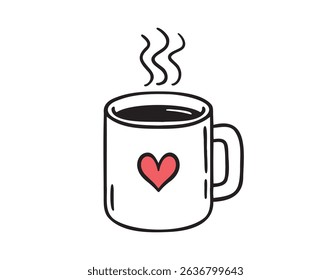 Mug of hot drink with cute doodle heart isolated hand drawn icon. Outline drawing cup with hot coffee or tea line clipart symbol. Vector illustration