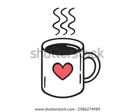 Mug of hot drink with cute doodle heart isolated hand drawn icon. Outline drawing cup with hot coffee or tea line clipart symbol. Vector illustration