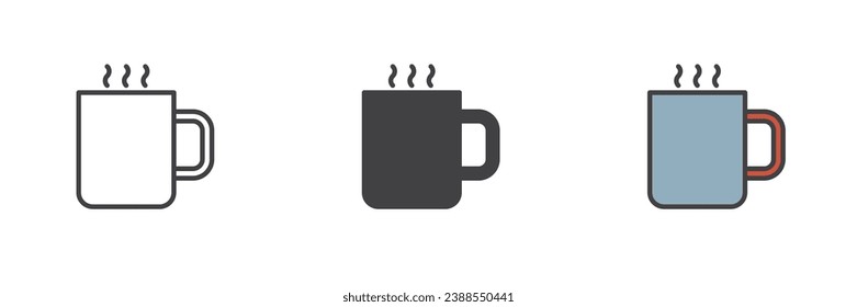 Mug with hot drink different style icon set. Line, glyph and filled outline colorful version, outline and filled vector sign. Symbol, logo illustration. Vector graphics