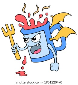 mug of a hot drink with a face full of anger burning like a devil, vector illustration art. doodle icon image kawaii.