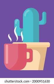 Mug with hot drink in front of pot with a cactus. Cartoon vector illustration in a flat style, isolated on a purple background. Vector illustration