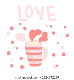 Mug with hot drink in gently pink hues. Love concept. Valentine's Day.
