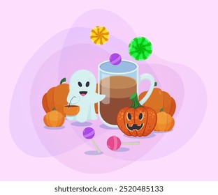 Mug with hot drink, ghost, pumpkins, lollipops and candies on abstract background. Halloween banner design. Halloween celebration, holiday, party concept. Vector illustration for postcard or poster