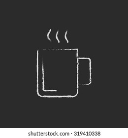 Mug of hot drink hand drawn in chalk on a blackboard vector white icon isolated on a black background.