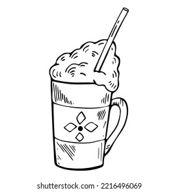 A mug with a hot drink. Hand-drawn vector contour illustration of a mug with a Christmas print