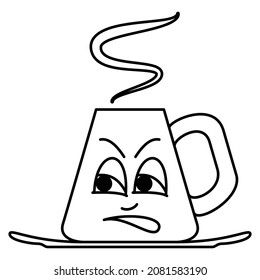 A mug with a hot drink looks suspiciously to the side. A cup of coffee or tea. A face with emotion. Vector icon, outline, isolated. Editable stroke.