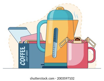 Mug with hot drink made by coffee drips bag and hot water. Cartoon vector illustration in a flat style, isolated on a blue and white background. Vector illustration