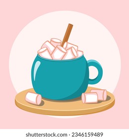 Mug con bebida caliente y malvaviscos en un puesto de madera, ilustración vectorial estilo caricatura.
