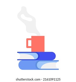 Mug with a hot drink on a stack of books. Simple flat vector isolated on white background