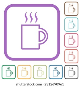 A mug of hot drink outline simple icons in color rounded square frames on white background