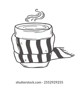 Caneca com bebida quente, com cachecol. Xícara de café de Natal inverno, chá. Desenho desenhado à mão rabiscar ilustração de contorno vetorial. Para o livro de colorir, design cartão de saudação.