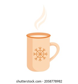A mug with a hot drink in a soft beige color and a snowflake on the mug. Suitable for creating cozy postcards, greeting cards, website design and various typography. Vector simple illustration 