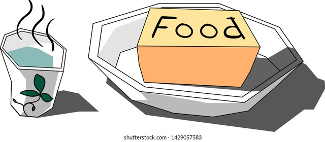 A mug with a hot drink stands next to the plate. There is also a rectangular piece labeled "food." On one of the objects is drawn a twig with leaves.
