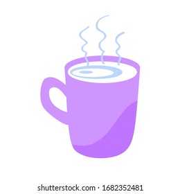 Mug with hot drink and steam. Hand drawn simple flat cup for poster, banner, postcard, icon, logo. Stock vector illustration isolated on white background.
