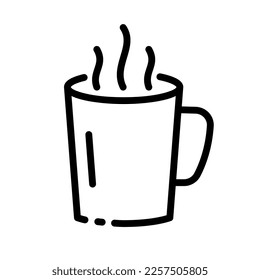 Mug with hot drink and steam line icon. Tea, coffee, cafe, break, time, have a rest, black, brew, tasty, coffee house, caffeine, breakfast. Vector line icon on white background