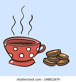 A mug with a hot drink. Tea, coffee. Cartoon. Cookies. Breakfast. vector illustration