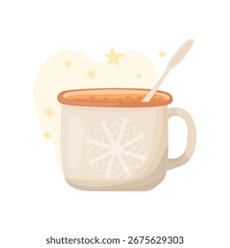 Mug of hot drink vector illustration. Christmas cup design with snowflake.