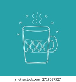 Taza con una bebida caliente. Icono lineal de invierno, copos de nieve. Dibujado a mano. Taza de té. Dibujo de contorno. Ilustración vectorial. Impresión gráfica. Fondo aislado.