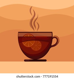 Mug of hot mulled wine with orange slices. Vector illustration.