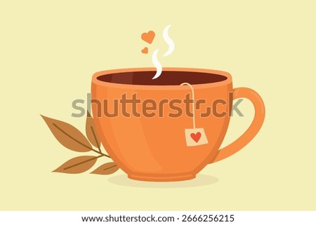 Mug of hot tea with tea bag inside. Cozy autumn season drink in flat vector style. Isolated against warm autumn background