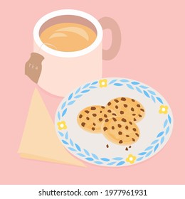 A mug of hot tea or coffee. Cookies with chocolate chips. Hot drink. Vector illustration