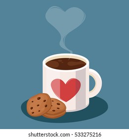 A mug of hot tea or coffee. Cookies with chocolate chips. Hot drink. Vector illustration