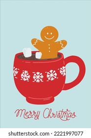 Mug with hot winter drink, marshmallows and gingerbread man. Traditional winter drink, tea, hot chocolate, cocoa. Vector christmas illustration. Traditional design.