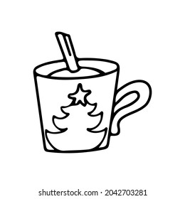 Сhristmas mug icon with a cinnamon stick and a decorative pattern. Cup with coffee and New Year's pattern. Vector illustration in doodle style