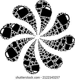 Mug icon exploding burst flower salute composition. Flower cycle done using scattered mug symbols.