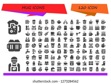  mug icon set. 120 filled mug icons. Simple modern icons about  - Beer, Barista, Beers, Coffee, Coffee cup, Tea pot, Beer tap, Cup, Teapot, Paper cup, Porcelain, Thermo, Coffee bag