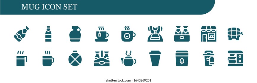 mug icon set. 18 filled mug icons. Included Beer, Canteen, Tea, Coffee cup, Dirndl, Coffee shop, Cup, Coffee, Beer bottle, Tea pot, Tea bag, maker icons