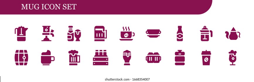 mug icon set. 18 filled mug icons. Included French press, Beer tap, Beer, Cup, Teapot, Beers, Beer keg, Coffee icons