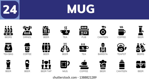 mug icon set. 24 filled mug icons.  Simple modern icons about  - Beers, Dirndl, Beer, Tea, Pub, Canteen, Coffee, Tea bag, Barista, Teapot, Beer tap, Mug