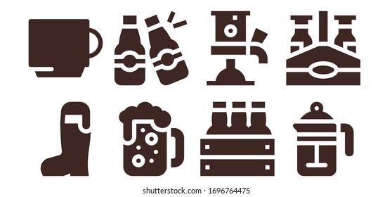 mug icon set. 8 filled mug icons. Included Beer, Cup, Beers, Beer tap, French press, Beer bottle icons