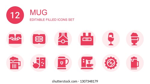 mug icon set. Collection of 12 filled mug icons included Beer, Breakfast, Coffee machine, Irish coffee