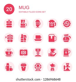 mug icon set. Collection of 20 filled mug icons included Beer keg, Tea cup, Irish coffee, Beer, Coffee, Tea, Cup, Hot drink, Coffee cup, maker