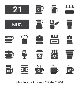 mug icon set. Collection of 21 filled mug icons included Tea, Coffee cup, Coffee, Beer can, Beer, Cup, Latte, French press, Beers, Beer keg, Cezve, Pitcher