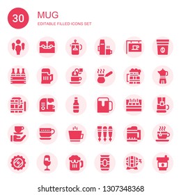 mug icon set. Collection of 30 filled mug icons included Beer tap, Beer, French press, Hot drink, Coffee, Tea, Cezve, Coffee maker, Cup, Coffee bag, Tea cup