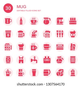 mug icon set. Collection of 30 filled mug icons included Cup, Beer, Tea, Coffee pot, Coffee machine, Coffee bag, Beer tap, Beverage, Latte, Lederhosen, Beer can, French press
